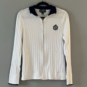 L-RL Lauren Ralph Lauren Sweater White Zip Cardigan Cable Preppy Academia XL
